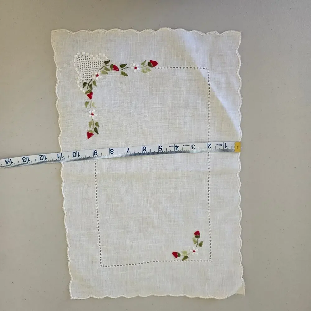 Vintage White Linen Embroidered Doily Placemat Red Flowers Cutwork Lace Edge